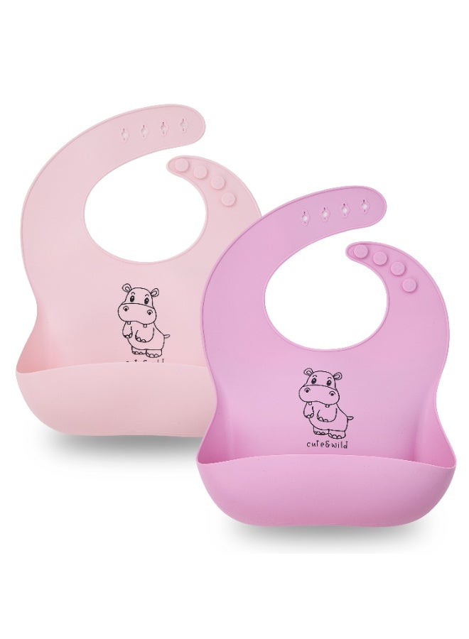 Cute and Wild Baby Silicone Baby Bibs Set of 2, Adjustable Waterproof Feeding Silicon Bib with Food Catch Pocket, BPA Free Soft Toddler Bib, Baby Led Weaning & Self Feeding Essentials, Easy Clean Baby Bib, 6M+ - Image 1